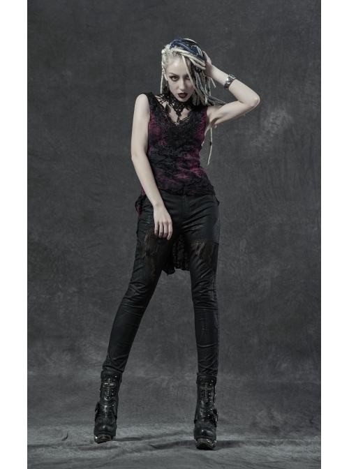 Lace High Collar Chest Hollow-Out Lace-Up Big Wave Hem Purple Gothic Flocking Network Knitting Vest