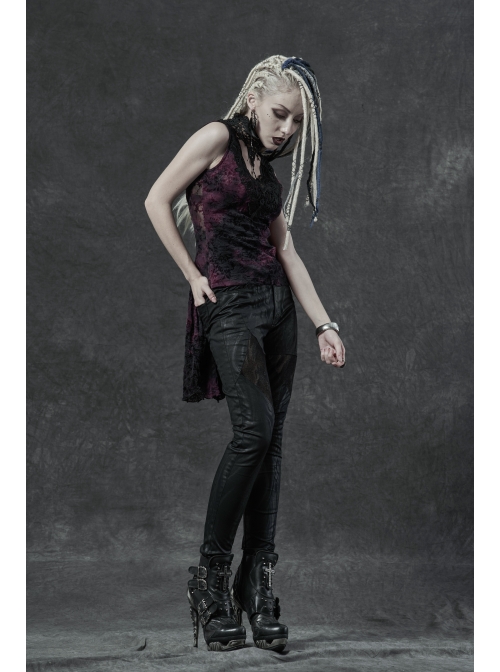 Lace High Collar Chest Hollow-Out Lace-Up Big Wave Hem Purple Gothic Flocking Network Knitting Vest