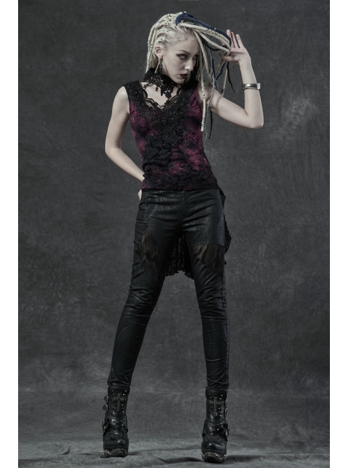 Lace High Collar Chest Hollow-Out Lace-Up Big Wave Hem Purple Gothic Flocking Network Knitting Vest
