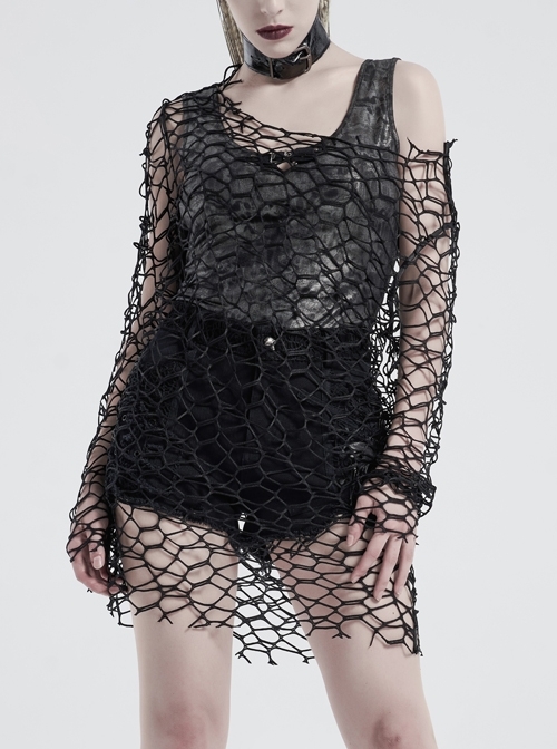 Large Round Collar Long Sleeve Black Punk Large Mesh T-Shirt