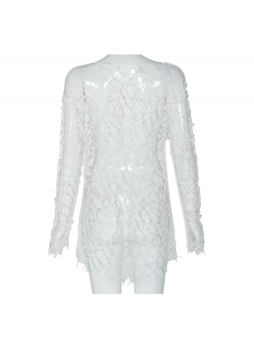 Large Round Collar Long Sleeve White Punk Large Mesh T-Shirt