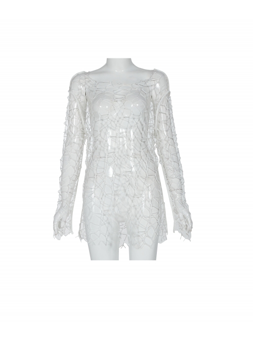Large Round Collar Long Sleeve White Punk Large Mesh T-Shirt