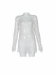 Large Round Collar Long Sleeve White Punk Large Mesh T-Shirt
