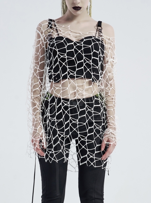 Large Round Collar Long Sleeve White Punk Large Mesh T-Shirt