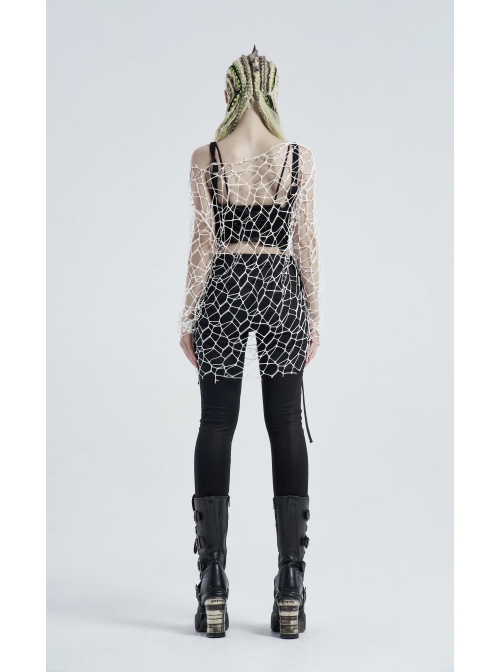 Large Round Collar Long Sleeve White Punk Large Mesh T-Shirt