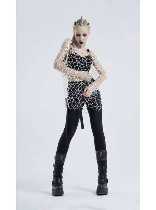 Large Round Collar Long Sleeve White Punk Large Mesh T-Shirt