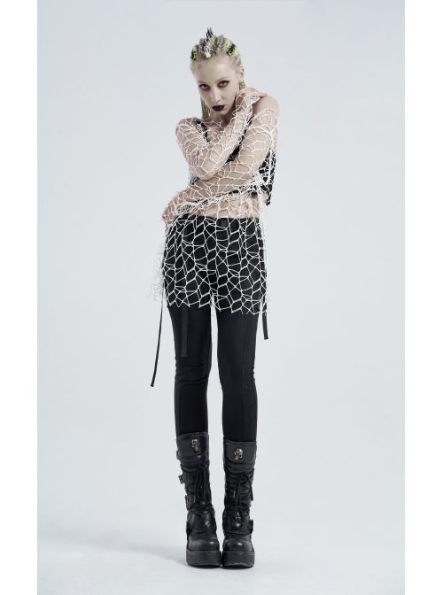 Large Round Collar Long Sleeve White Punk Large Mesh T-Shirt