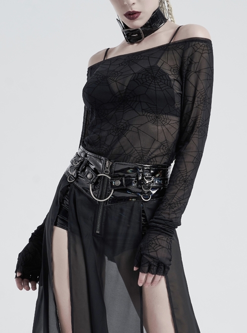 One-Word Collar Long Sleeve Half-Cut Finger Cuffs Black Punk Tight Velvet Cobweb Prints T-Shirt