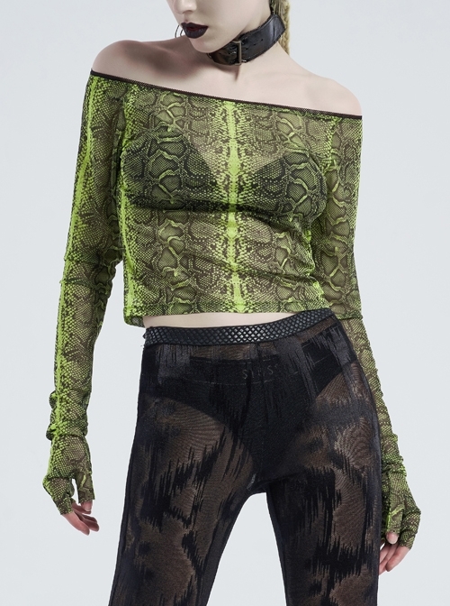 One-Word Collar Long Sleeve Half-Cut Finger Cuffs Green Punk Tight Python Serpent Print T-Shirt