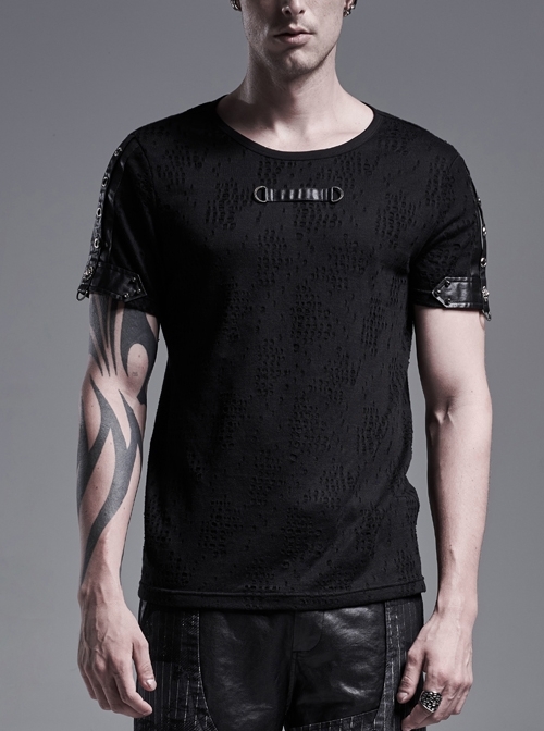 Metal D-Buckle Straps Short Sleeve Black Punk Twill T-Shirt