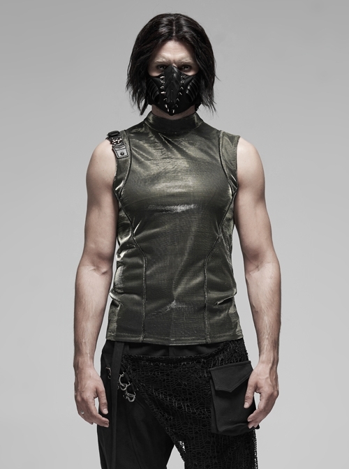 High Collar Shoulder Leather Hasp Back Zipper Black Punk Imitation Leather Sleeveless T-Shirt