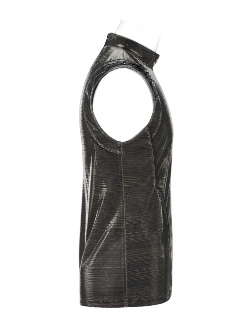 High Collar Shoulder Leather Hasp Back Zipper Black Punk Imitation Leather Sleeveless T-Shirt