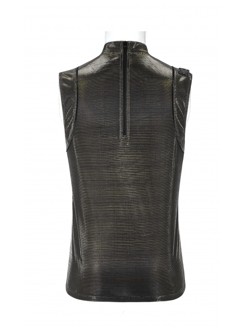High Collar Shoulder Leather Hasp Back Zipper Black Punk Imitation Leather Sleeveless T-Shirt