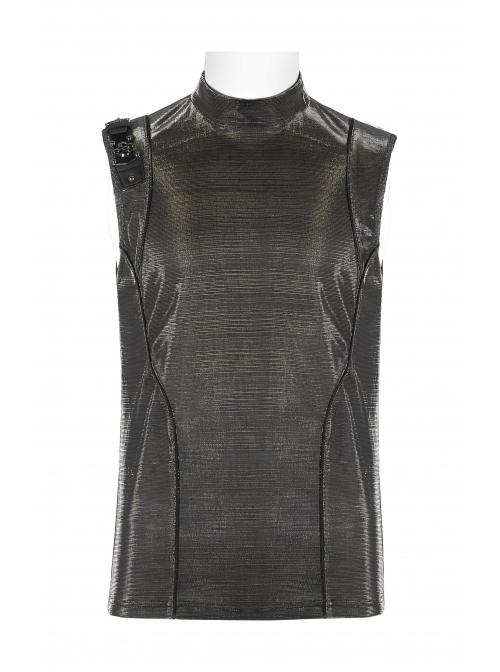 High Collar Shoulder Leather Hasp Back Zipper Black Punk Imitation Leather Sleeveless T-Shirt