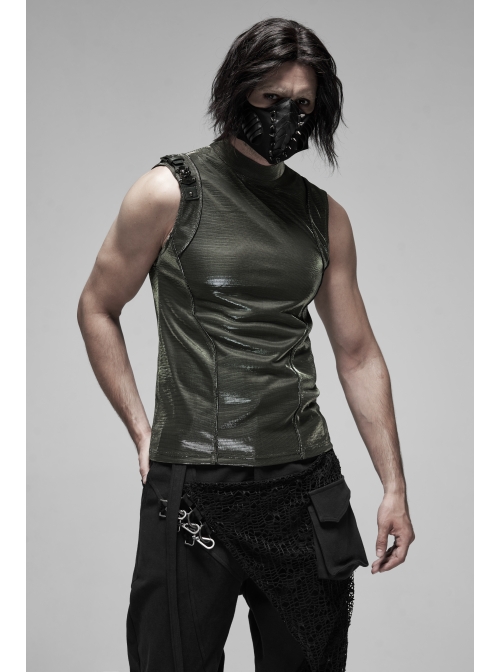 High Collar Shoulder Leather Hasp Back Zipper Black Punk Imitation Leather Sleeveless T-Shirt