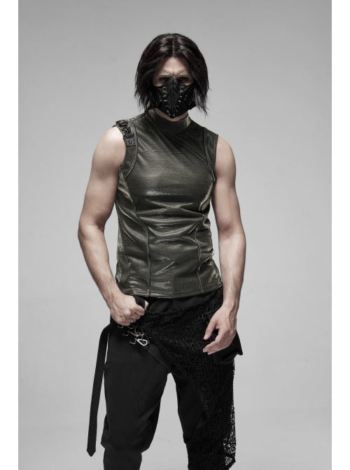 High Collar Shoulder Leather Hasp Back Zipper Black Punk Imitation Leather Sleeveless T-Shirt