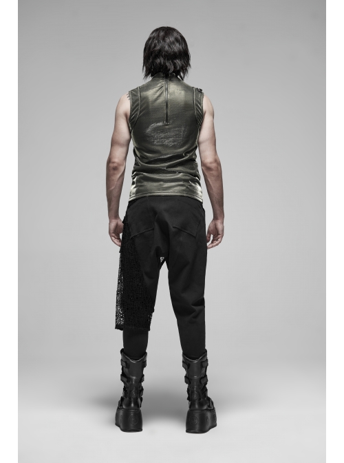 High Collar Shoulder Leather Hasp Back Zipper Black Punk Imitation Leather Sleeveless T-Shirt