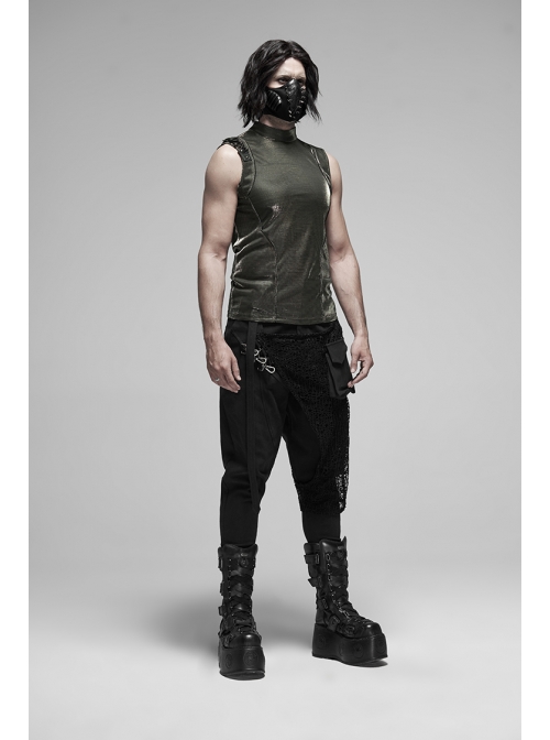 High Collar Shoulder Leather Hasp Back Zipper Black Punk Imitation Leather Sleeveless T-Shirt
