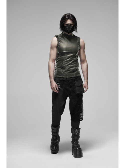 High Collar Shoulder Leather Hasp Back Zipper Black Punk Imitation Leather Sleeveless T-Shirt