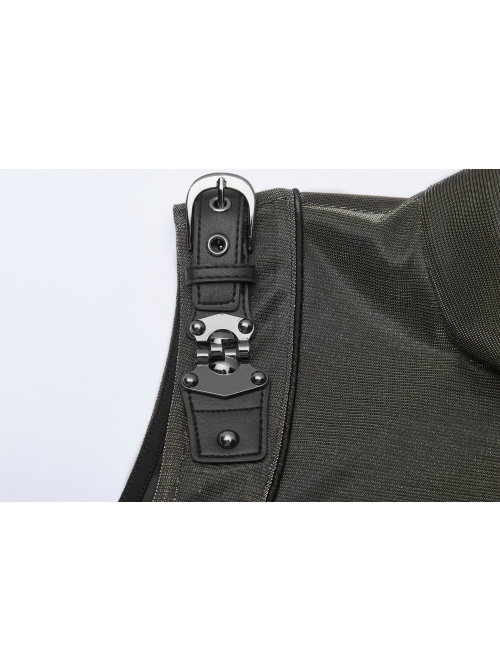 High Collar Shoulder Leather Hasp Back Zipper Black Punk Imitation Leather Sleeveless T-Shirt