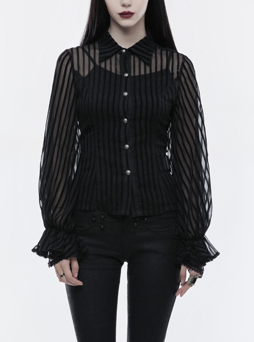 Striped Lantern Sleeves Lace Cuff Back Waist Lace-Up Black Punk Chiffon Flocking Woven Blouse