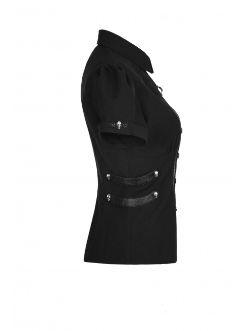 Front Metal Buttons Metal Decoration Short Sleeve Black Punk Woven Splice Crack Leather Blouse
