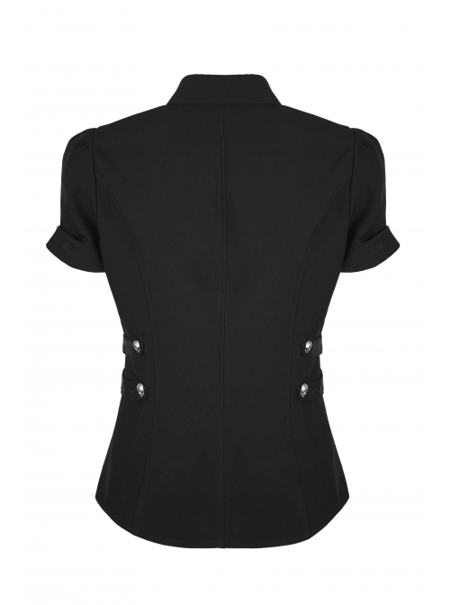 Front Metal Buttons Metal Decoration Short Sleeve Black Punk Woven Splice Crack Leather Blouse