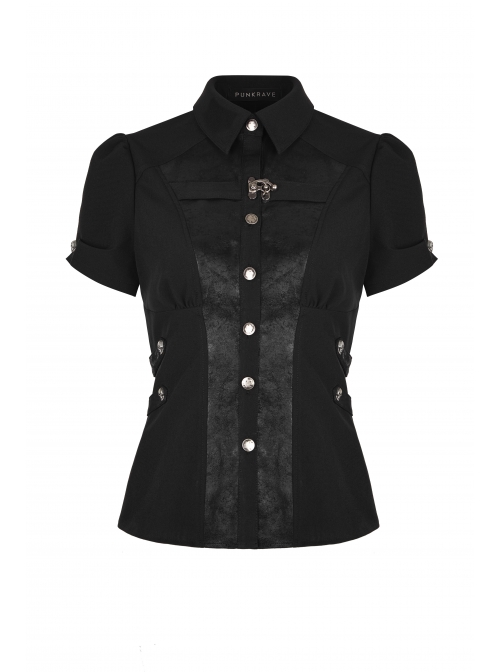Front Metal Buttons Metal Decoration Short Sleeve Black Punk Woven Splice Crack Leather Blouse