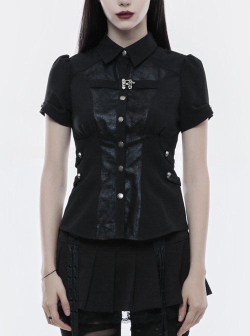 Front Metal Buttons Metal Decoration Short Sleeve Black Punk Woven Splice Crack Leather Blouse