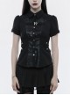 Front Metal Buttons Metal Decoration Short Sleeve Black Punk Woven Splice Crack Leather Blouse