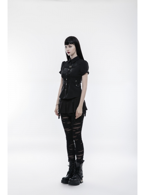 Front Metal Buttons Metal Decoration Short Sleeve Black Punk Woven Splice Crack Leather Blouse