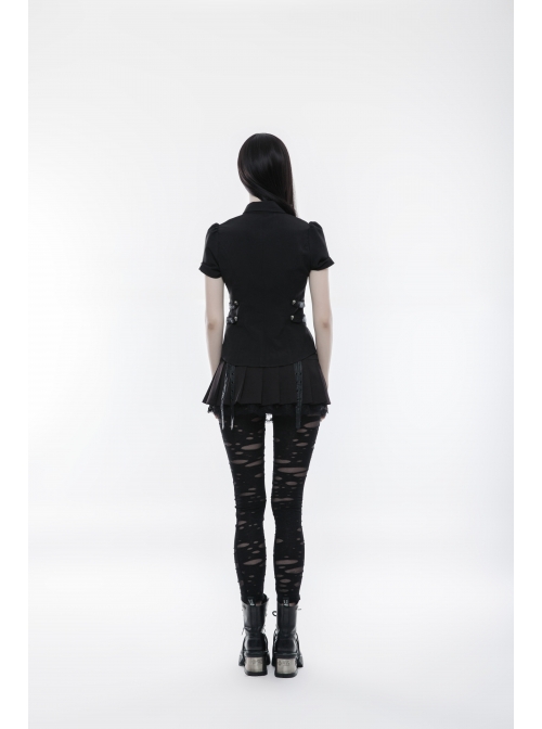 Front Metal Buttons Metal Decoration Short Sleeve Black Punk Woven Splice Crack Leather Blouse