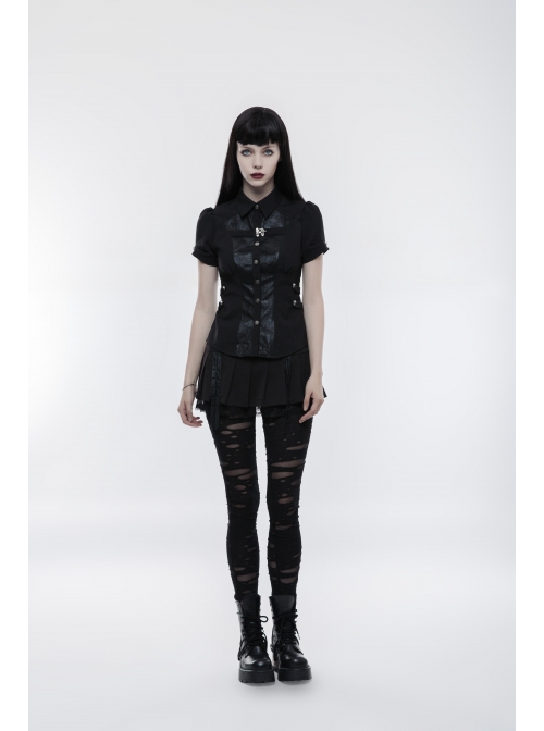 Front Metal Buttons Metal Decoration Short Sleeve Black Punk Woven Splice Crack Leather Blouse