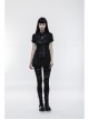 Front Metal Buttons Metal Decoration Short Sleeve Black Punk Woven Splice Crack Leather Blouse