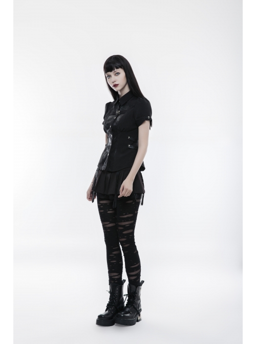 Front Metal Buttons Metal Decoration Short Sleeve Black Punk Woven Splice Crack Leather Blouse
