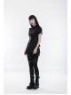 Front Metal Buttons Metal Decoration Short Sleeve Black Punk Woven Splice Crack Leather Blouse