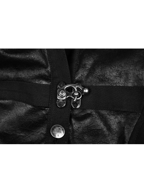 Front Metal Buttons Metal Decoration Short Sleeve Black Punk Woven Splice Crack Leather Blouse