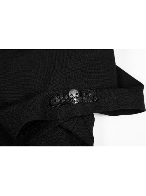 Front Metal Buttons Metal Decoration Short Sleeve Black Punk Woven Splice Crack Leather Blouse