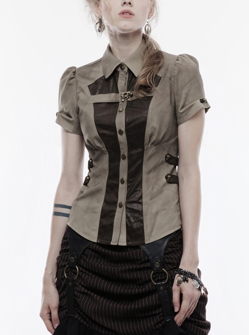 Front Metal Buttons Metal Decoration Short Sleeve Brown Punk Woven Splice Crack Leather Blouse