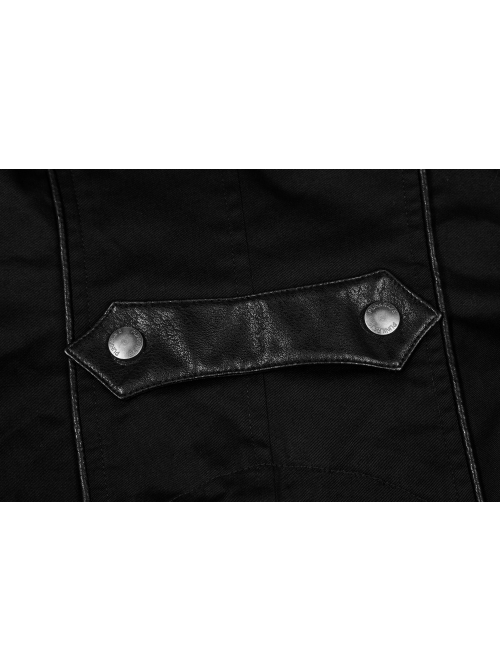 Stand-Up Collar Front Metal Zipper Waist Leather Hasp Shoulder Loop Sharp Corner Hem Black Punk Vest