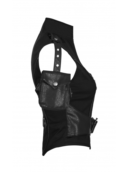 Stand-Up Collar Front Metal Zipper Waist Leather Hasp Shoulder Loop Sharp Corner Hem Black Punk Vest