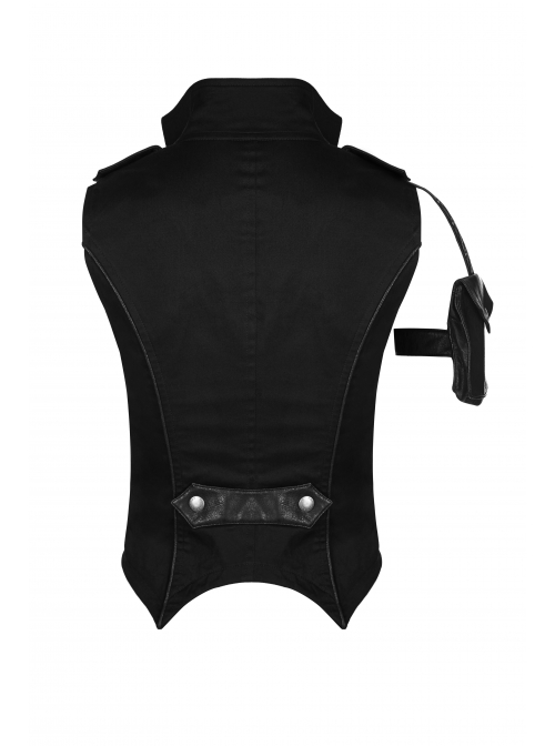 Stand-Up Collar Front Metal Zipper Waist Leather Hasp Shoulder Loop Sharp Corner Hem Black Punk Vest