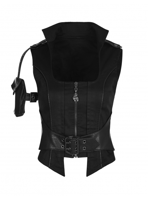 Stand-Up Collar Front Metal Zipper Waist Leather Hasp Shoulder Loop Sharp Corner Hem Black Punk Vest