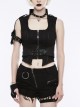 Stand-Up Collar Front Metal Zipper Waist Leather Hasp Shoulder Loop Sharp Corner Hem Black Punk Vest