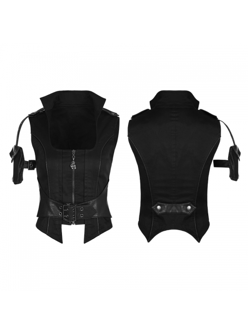 Stand-Up Collar Front Metal Zipper Waist Leather Hasp Shoulder Loop Sharp Corner Hem Black Punk Vest