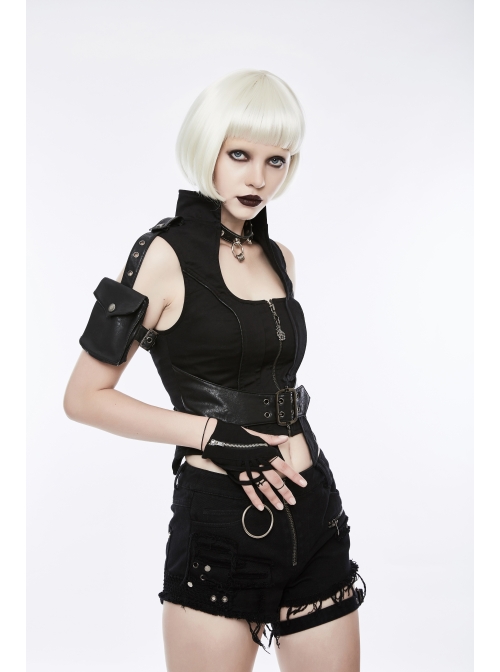 Stand-Up Collar Front Metal Zipper Waist Leather Hasp Shoulder Loop Sharp Corner Hem Black Punk Vest