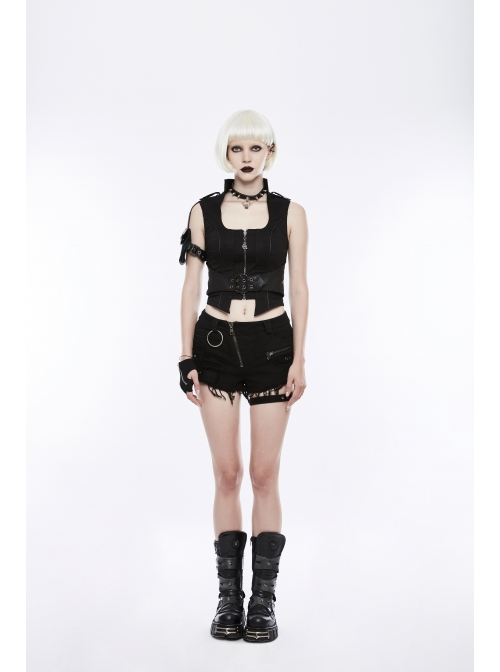 Stand-Up Collar Front Metal Zipper Waist Leather Hasp Shoulder Loop Sharp Corner Hem Black Punk Vest