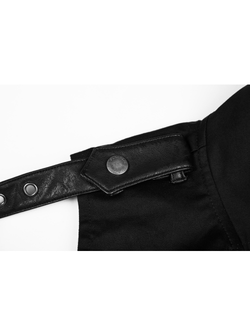 Stand-Up Collar Front Metal Zipper Waist Leather Hasp Shoulder Loop Sharp Corner Hem Black Punk Vest