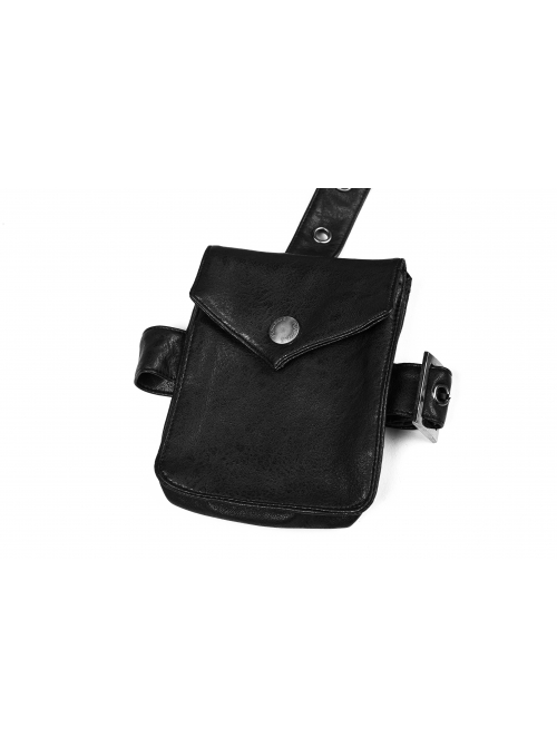 Stand-Up Collar Front Metal Zipper Waist Leather Hasp Shoulder Loop Sharp Corner Hem Black Punk Vest