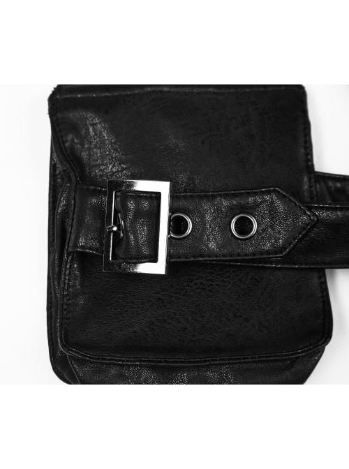 Stand-Up Collar Front Metal Zipper Waist Leather Hasp Shoulder Loop Sharp Corner Hem Black Punk Vest
